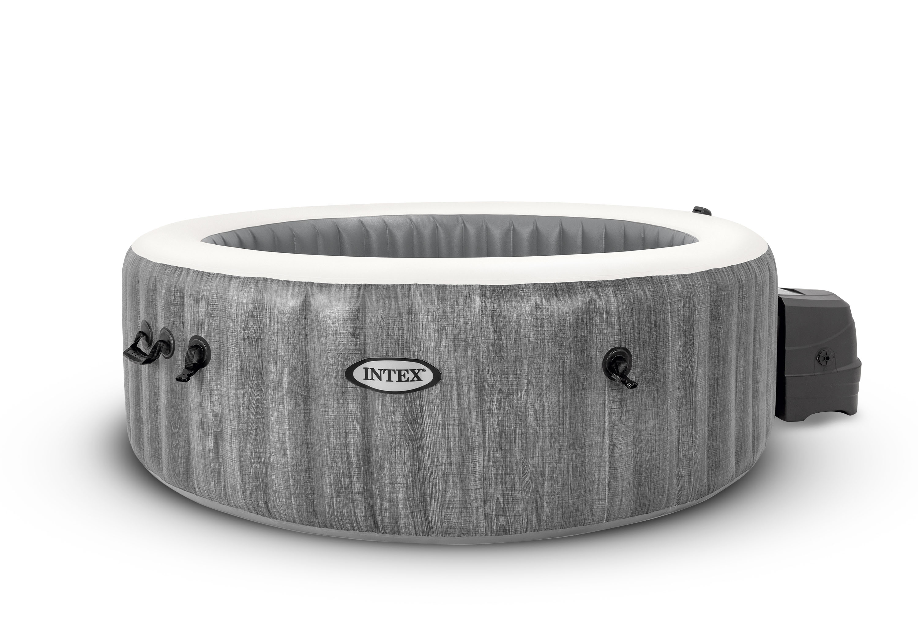 Intex aufblasbarer Whirlpool in grauer Holzoptik mit weißem Rand, Anschlüssen und externer Pumpe für Garten und Terrasse
