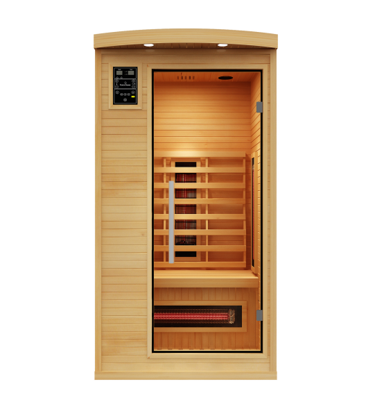 1-Personen-Infrarotkabine aus hellem Holz mit Glastür, Innenbeleuchtung, Steuerpanel und sichtbaren Infrarot-Heizelementen für zu Hause