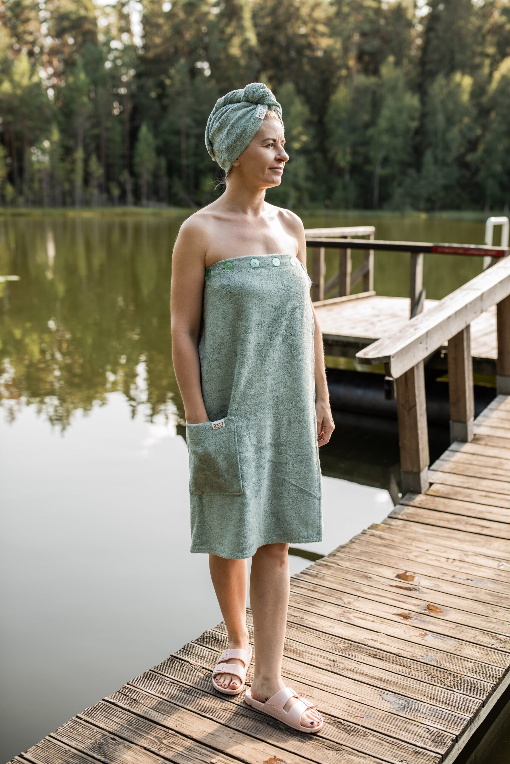 RÄTT Sauna-Set Damen – Wickeltuch und Haarturban – Hellgrün – S