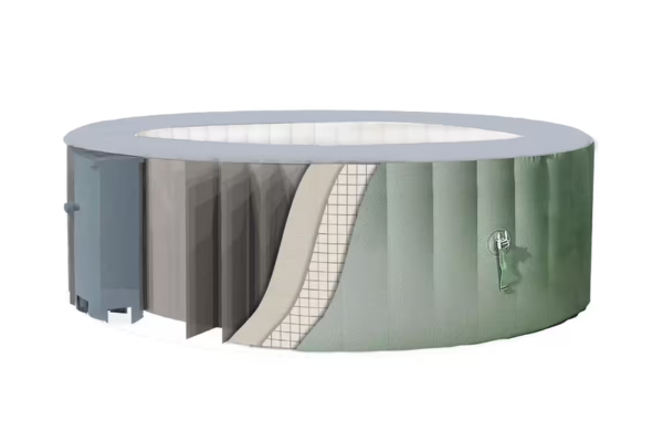 Schnittansicht des runden AQUAMAR 4881 Whirlpools für 4 Personen mit aufblasbarer PVC-Wand, weißem Rand und Technikmodul für Sprudelbad im Garten