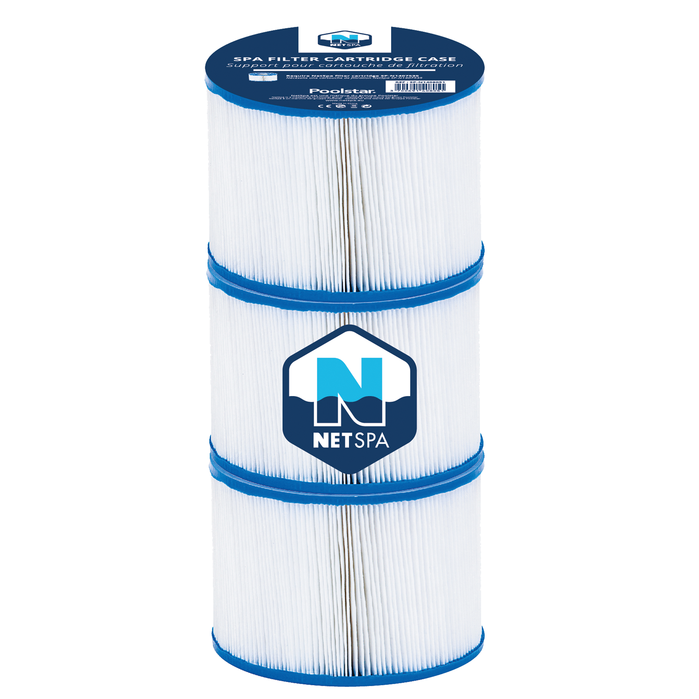 Weiße NetSpa Spa-Filterkartusche mit blauen Ringen und NETSPA-Logo, Ersatzfilter für Whirlpool und Pool zur effizienten Wasserfiltration