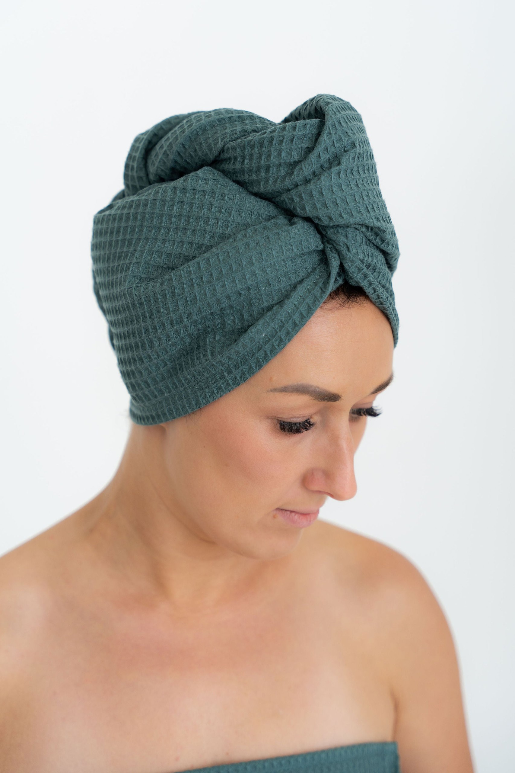 NUSS Baumwoll-Haarturban mit Knopfverschluss – Petrol
