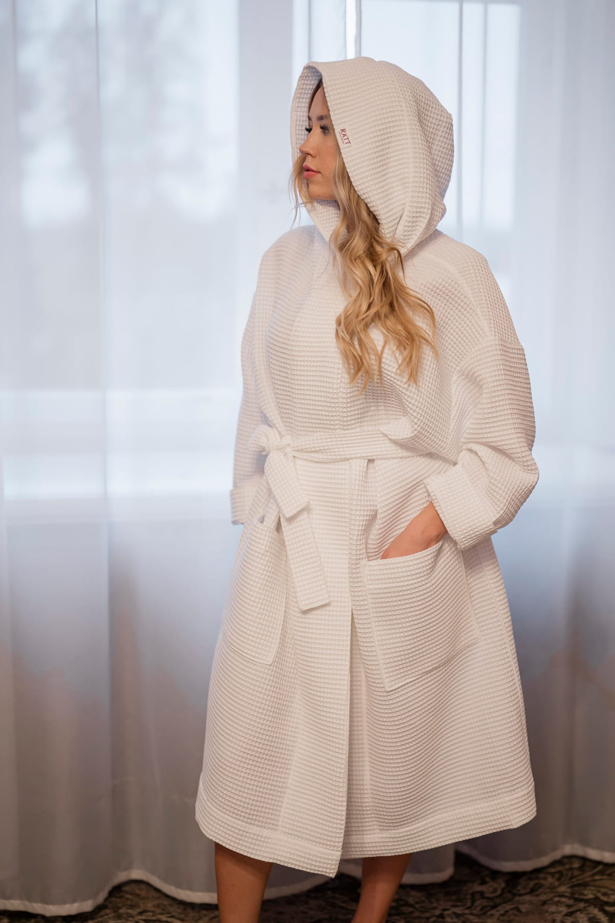 RÄTT Unisex-Kapuzenbademantel aus Baumwoll-Waffelstoff – Hellgrau – L/XL