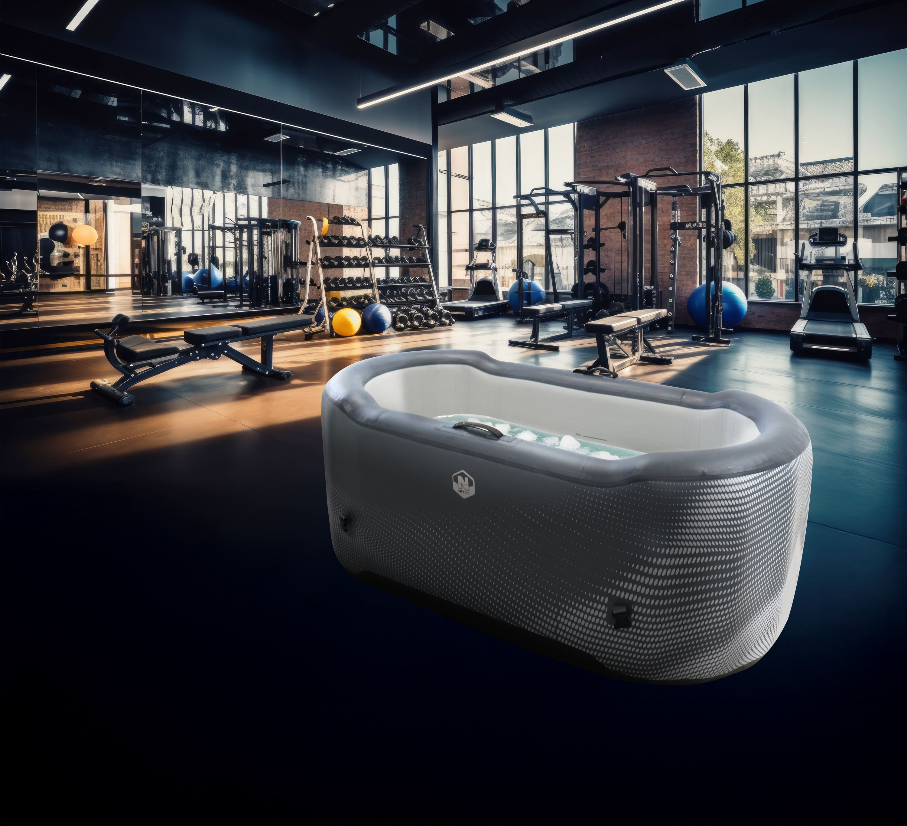 Aufblasbare Eisbadewanne als Kältebecken im modernen Fitnessstudio mit Trainingsgeräten, ideal für Regeneration nach dem Workout