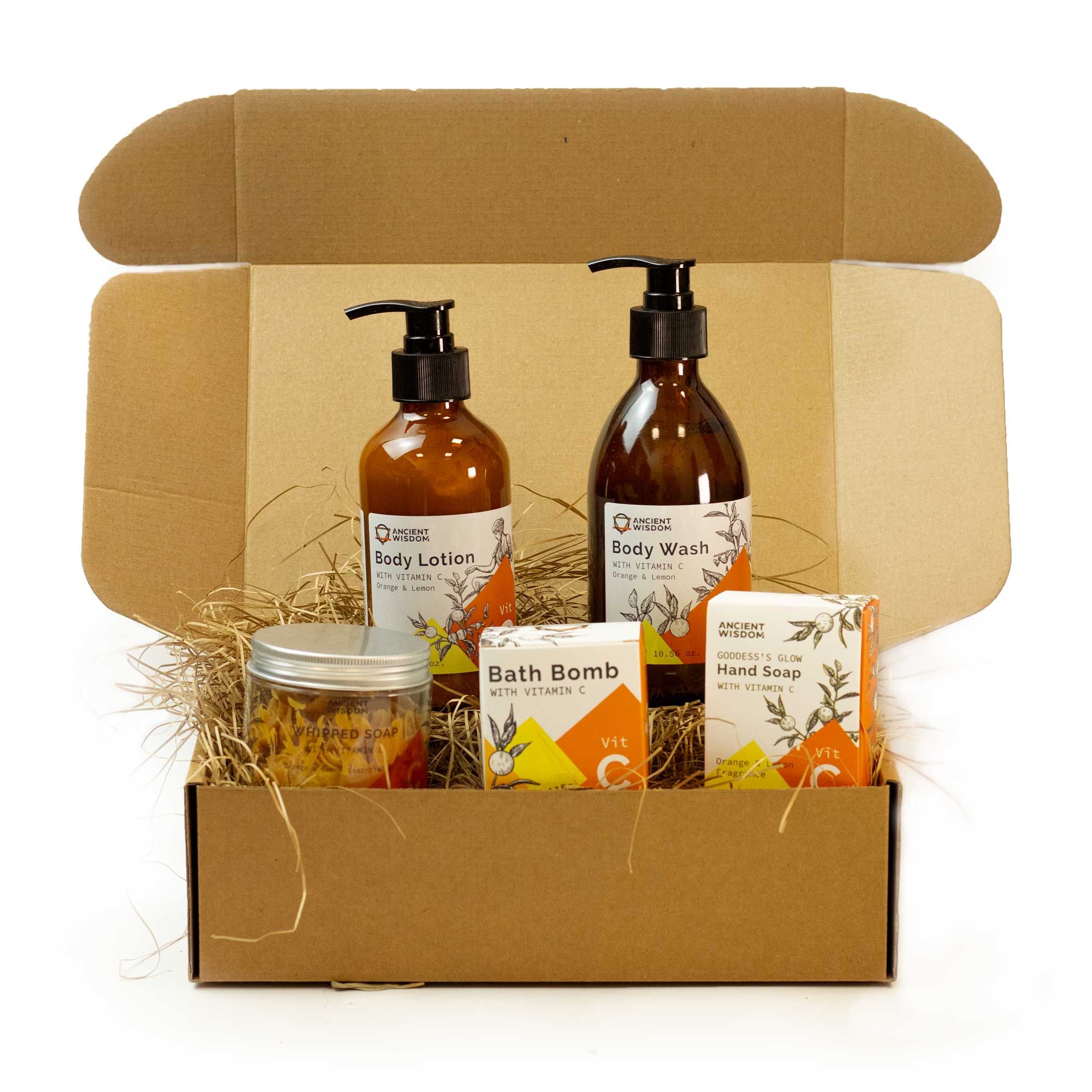 Vitamin-C-Pflegeset – Handseife, Badebombe, Bodylotion, Duschgel und Duschseife