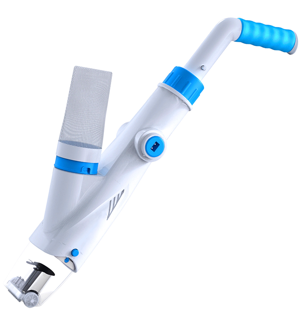 Weiß-blauer Hand-Poolsauger mit ergonomischem Griff, transparentem Saugkopf und Filterbeutel zur Reinigung von Poolboden und Beckenwänden
