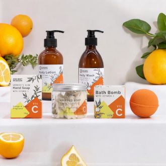 Vitamin-C-Pflegeset – Handseife, Badebombe, Bodylotion, Duschgel und Duschseife