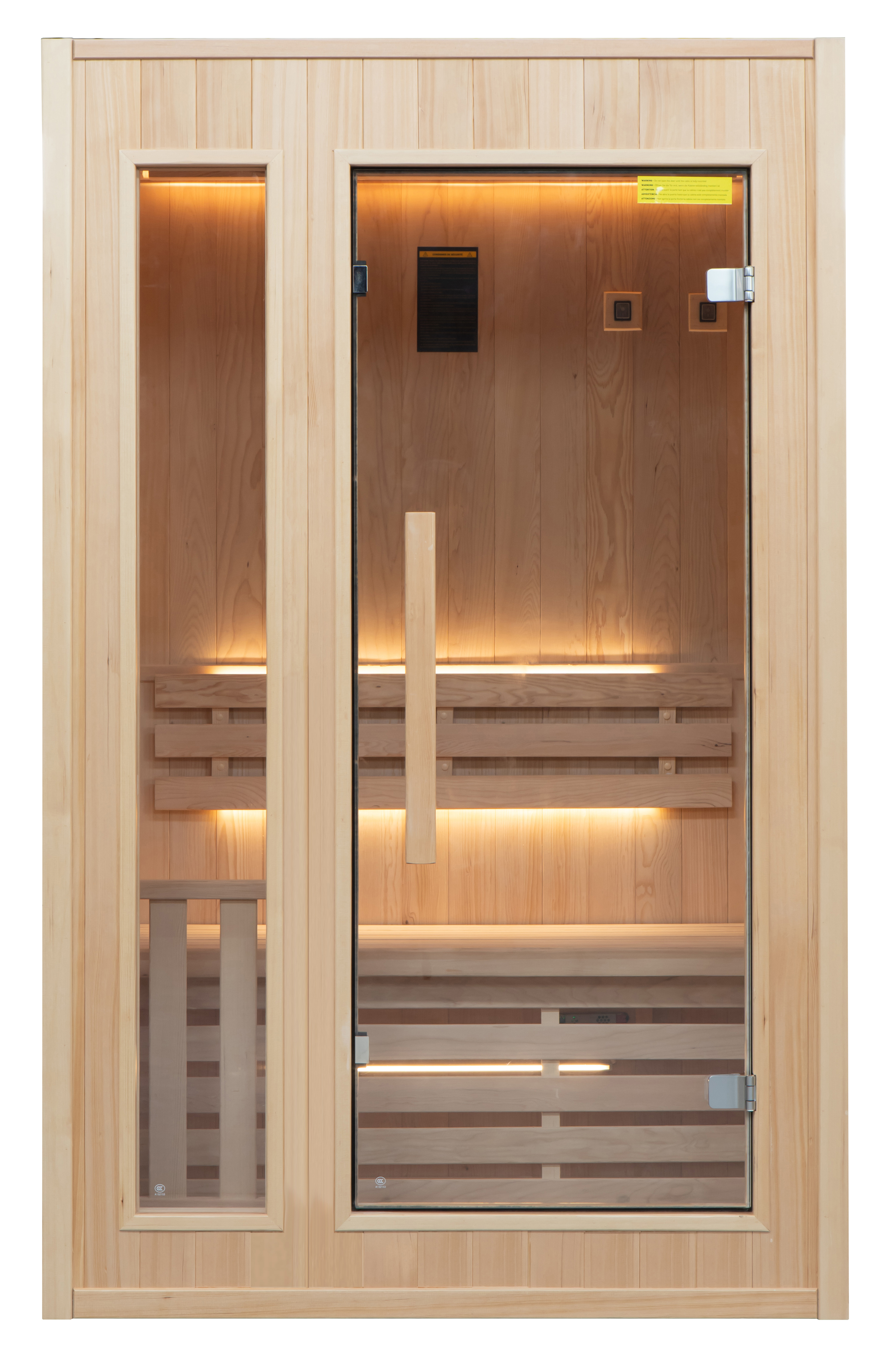 Frontansicht einer hellen Holzsauna mit großer Glastür, seitlichem Fenster, Holzbänken und warmer LED-Beleuchtung für den Wellnessbereich zu Hause